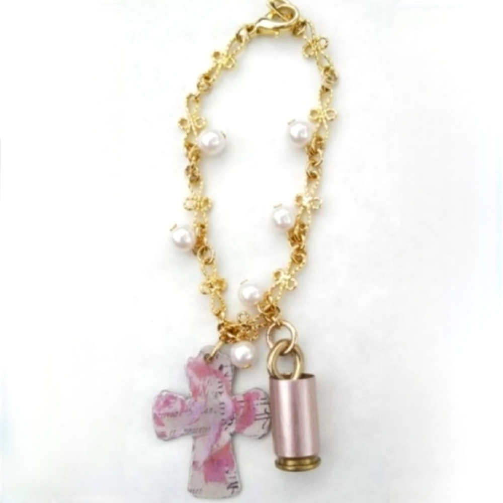 Metallic pink 9mm bullet  casing cross pearl gold vtg infinity ammo bracelet NWT